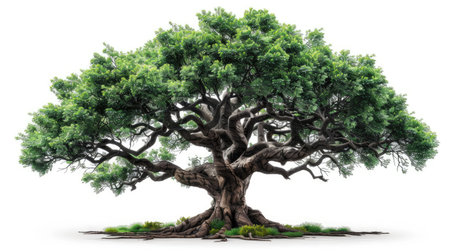 Grand old tree with a wide canopy, isolated on a white background, highlighting its intricate detailsの素材