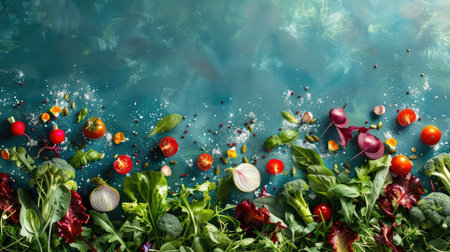 Vibrant vegetable salad elements cascading against a soothing teal background, inviting a taste of nature's bounty and culinary creativityの素材