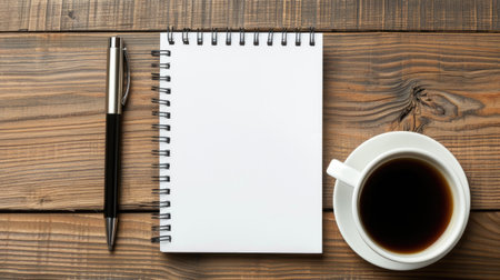 Close-up of a blank notepad on a wooden desk, with a pen and coffee cup beside itの素材