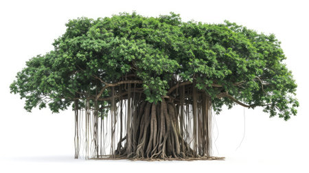 Majestic banyan tree with intricate aerial roots gracefully hanging, isolated on a pristine white background.の素材