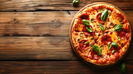 Delicious pizza on a wooden table with space for textの素材