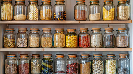 Pantry perfection: Shelves filled with glass jars containing various dry foods, including pasta, grains, and legumes, highlighting a tidy pantryの素材