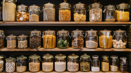 Neat pantry: Shelves filled with glass jars holding dry foods, including pasta, grains, and legumes, displaying an orderly kitchen storage systemの素材