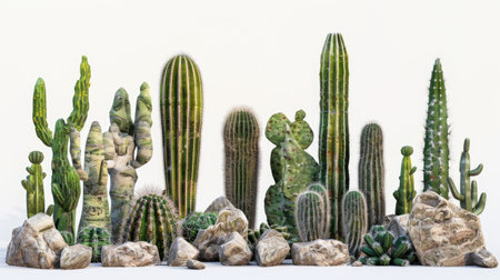 Group of cacti with different textures and heights, beautifully displayed on a white background.の素材