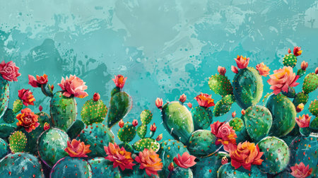 Vibrant cactus painting backdrop with ample space for text overlay, perfect for botanical-themed designs.の素材