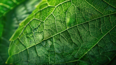High-resolution close-up of a green leaf texture, capturing the delicate veins and lush surface, perfect for nature-themed designsの素材