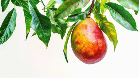 Vibrant mango hovering gracefully amidst green foliage against a white backdrop, symbolizing the essence of tropical allure and flavorの素材