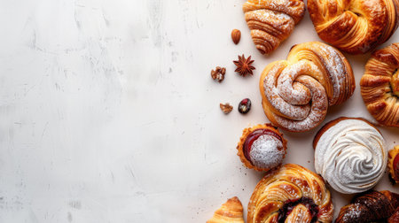 Freshly baked pastries with space for textの素材