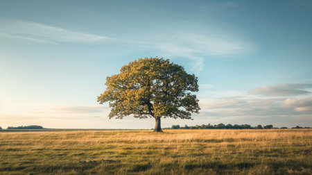 Solitary tree commanding attention in the open countryside, a timeless symbol of endurance and tranquility.の素材