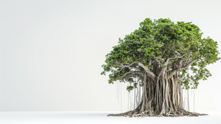 Charming banyan tree with cascading aerial roots, standing out vividly against a pure white background.の素材