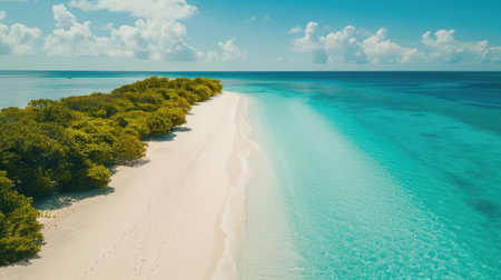 Endless stretch of white sand beach on a tropical island, with turquoise waters and clear blue skies in the background.の素材