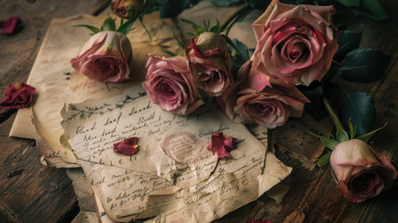 Timeless love: A novel, roses, and vintage love letters artfully arranged, reflecting on romance from the pastの素材