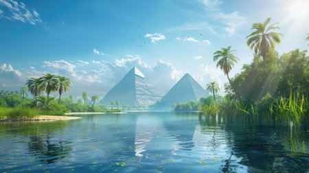 Ancient Egyptian pyramids standing tall amid lush greenery and flooded Nile waters under a clear blue skyの素材
