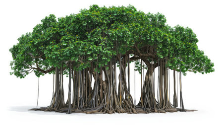 Impressive banyan tree with lush foliage and aerial roots, perfectly isolated on a white background.の素材