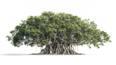 Banyan tree with its iconic aerial roots, creating an enchanting and detailed image on a white background.の素材