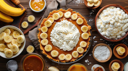 A Banoffee Pie in the making, with ingredients like bananas, caramel, and whipped cream laid out around itの素材