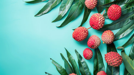 Delicious lychee fruits accompanied by verdant leaves, set on a soothing pastel background, evoking the essence of tropical paradiseの素材