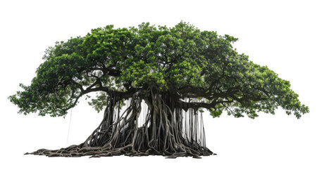 Elegant banyan tree showcasing its prominent aerial roots, creating a captivating silhouette on a white backdropの素材