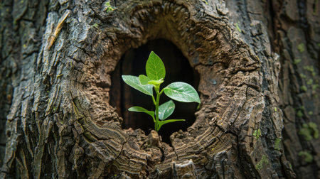 Close-up of a sapling growing within the hollow of a dead tree trunk, emphasizing renewal and natural cycles.の素材