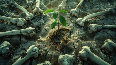 Sapling emerging from dry ground surrounded by animal bones, representing life and resilience in harsh conditions.の素材