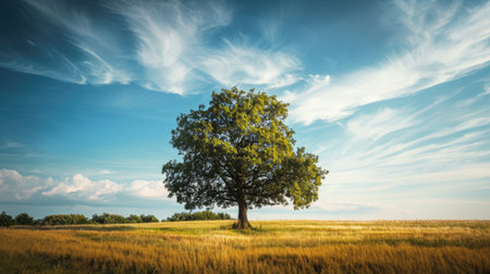 Lone tree standing tall amidst an expansive field, capturing the essence of solitude and natural beauty.の素材