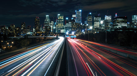 Urban glow: Headlights and light trails on a busy highway at night, leading to a brightly lit city skyline, showcasing the city's nighttime vibrancyの素材