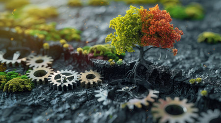 A series of spinning gears leading to a vibrant tree, showcasing the concept of eco-friendly progress.の素材