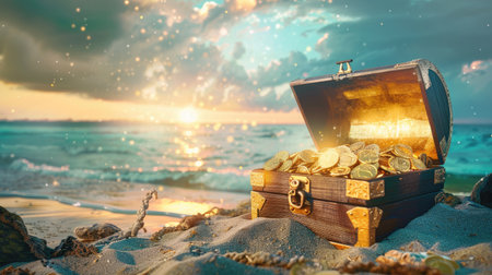 An open treasure chest filled with gold coins and jewels, placed on a sandy beach with space for text in the sky.の素材