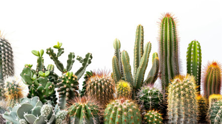 Cactus garden with various species arranged on a white background, emphasizing their diverse forms.の素材