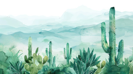 Hand-painted cactus scene with a watercolor effect, providing a serene backdrop for inserting text.の素材