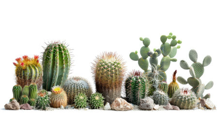 Group of cacti with different textures and heights, beautifully displayed on a white background.の素材