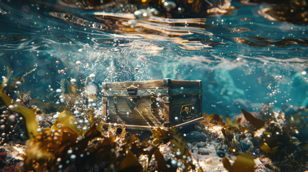 A treasure chest under water, surrounded by seaweed and bubbles, with space for text above the water surface.の素材