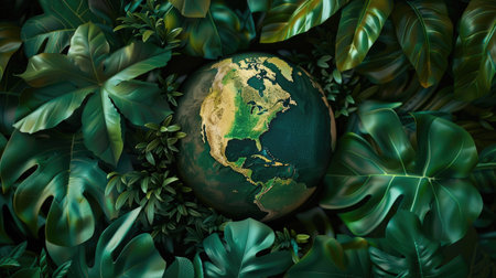 The globe encircled by vibrant green leaves in a lush natural setting, symbolizing environmental harmony.の素材