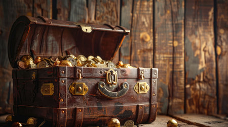 A vintage treasure chest overflowing with riches, set against a wooden background with ample text space on the right.の素材
