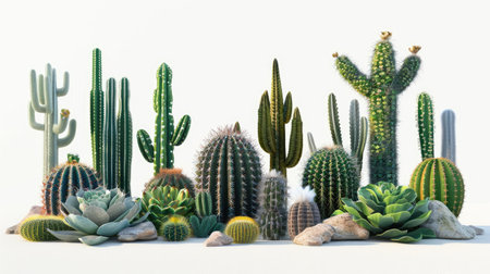 Group of cacti with different textures and heights, beautifully displayed on a white background.の素材