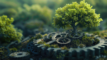 Gears turning and giving rise to a flourishing tree, illustrating the harmony between technology and nature.の素材