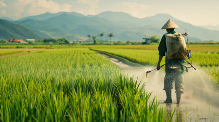 Agricultural worker in Asia spraying chemical or fertilizer on young rice field with a modern agricultural machine.の素材