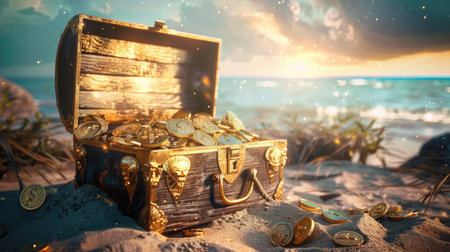 An open treasure chest filled with gold coins and jewels, placed on a sandy beach with space for text in the sky.の素材