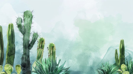 Hand-painted cactus scene with a watercolor effect, providing a serene backdrop for inserting text.の素材