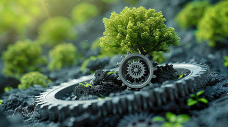 Gears turning and giving rise to a flourishing tree, illustrating the harmony between technology and nature.の素材