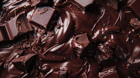 Melted dark chocolate drizzled on a dark background, creating a tempting and luscious scene.の素材