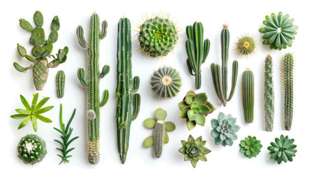 Cactus garden with various species arranged on a white background, emphasizing their diverse forms.の素材