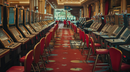 Deserted casino interior, showcasing rows of empty slot machines and vacant card tables.の素材