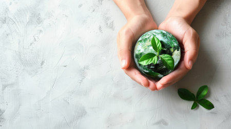Hands holding a small green earth, highlighting environmental conservation, with text space on a plain background.の素材