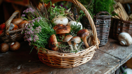 A rustic basket filled with fresh porcini mushrooms, sesame mushrooms, and aromatic herbs and spices, arranged artfully on a wooden table.の素材