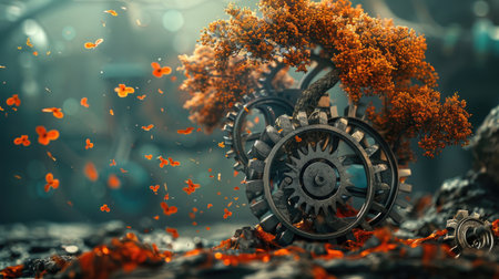 Spinning gears evolving into a blooming tree, depicting the balance between industrial progress and ecological sustainabilityの素材