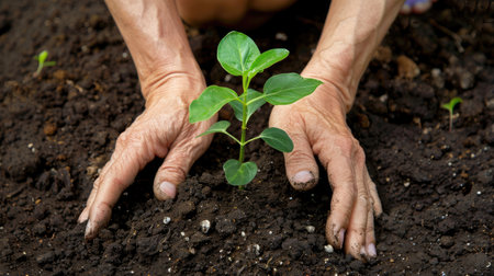 Hands planting a green seedling in rich soil, emphasizing the importance of protecting and nurturing natureの素材