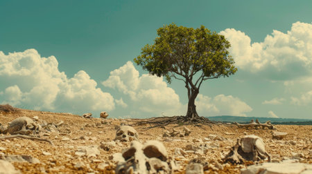 Young tree standing tall in dry soil with animal bones around, highlighting the power of nature's resilience.の素材