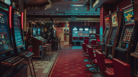 An empty casino lobby with quiet slot machines and poker tables waiting for playersの素材