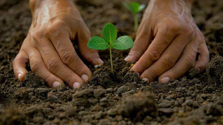 Hands gently placing a seedling into the ground, a symbol of environmental care and future growthの素材